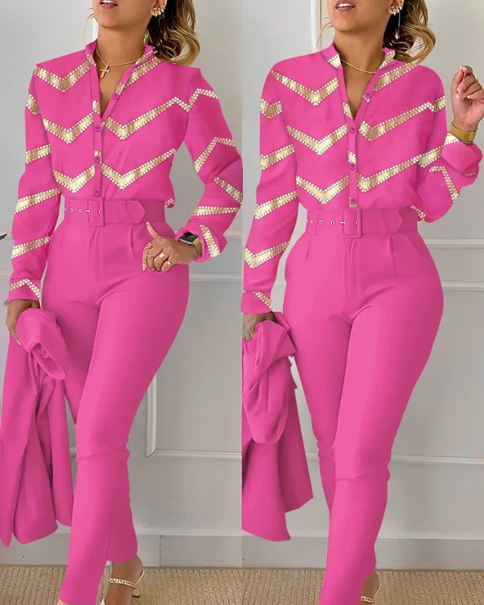 Print Long Sleeve Shirt Matching Pants Sets With Belt