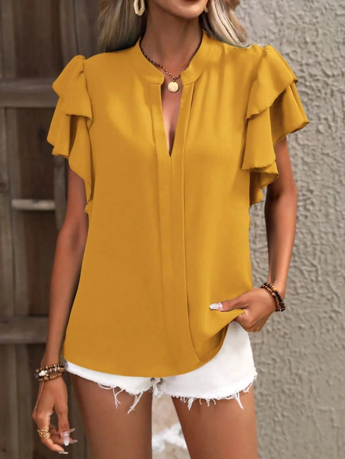 V-neck Ruffle Sleeve Solid Color Blouse