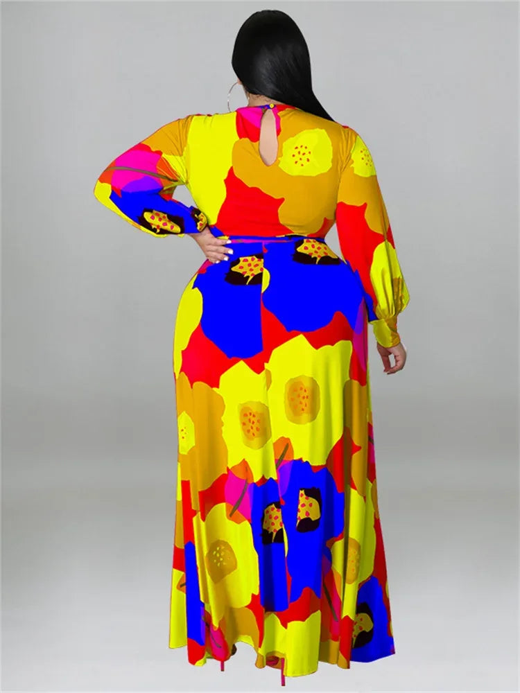Colorful Long Sleeve Large Print Flower Maxi Dress Bazaare Mart Colorful Long Sleeve Large Print Flower Maxi Dress