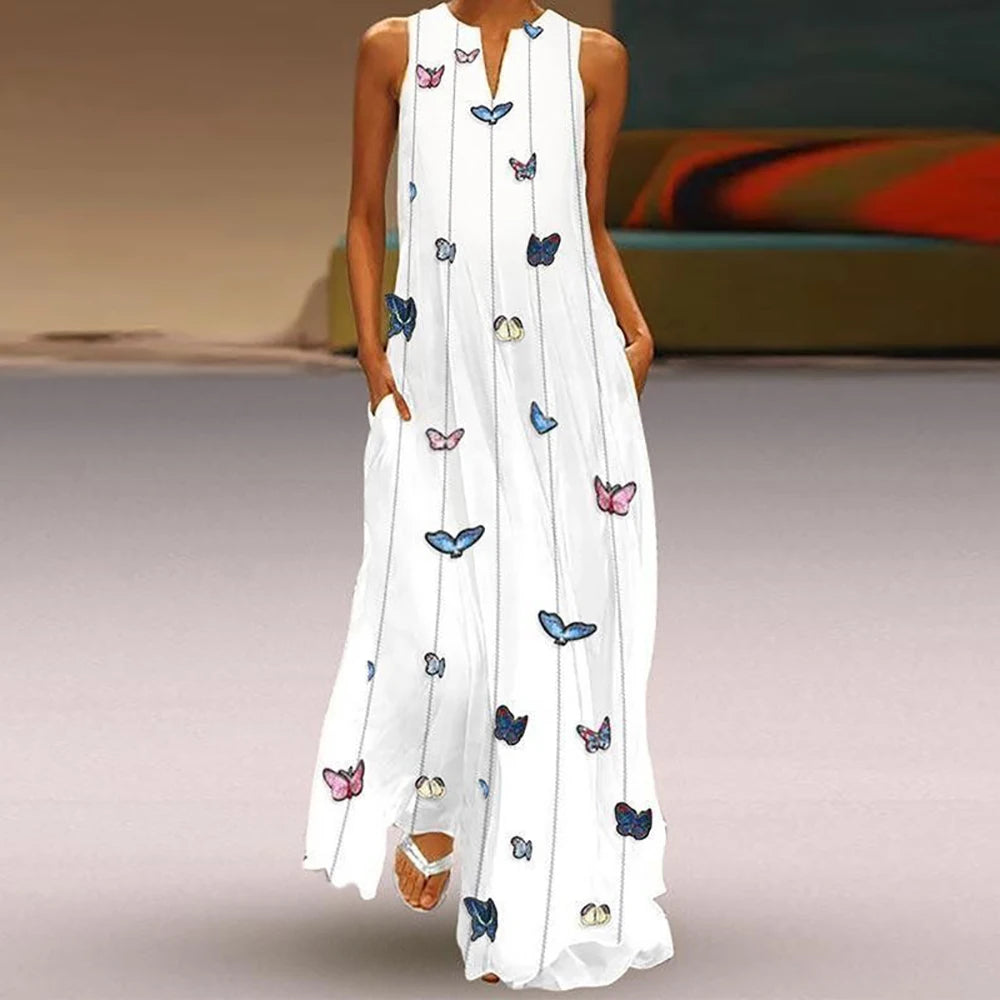Women's Retro Boho Maxi Dress – Sleeveless V-Neck Summer Beach Dress with Pockets Ivory Butterfly Bazaare Mart Maxi Sundress