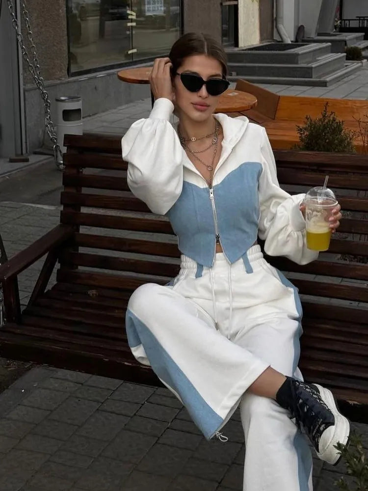 Color Block 2pc Cropped Hoodie Wide Leg Tracksuits