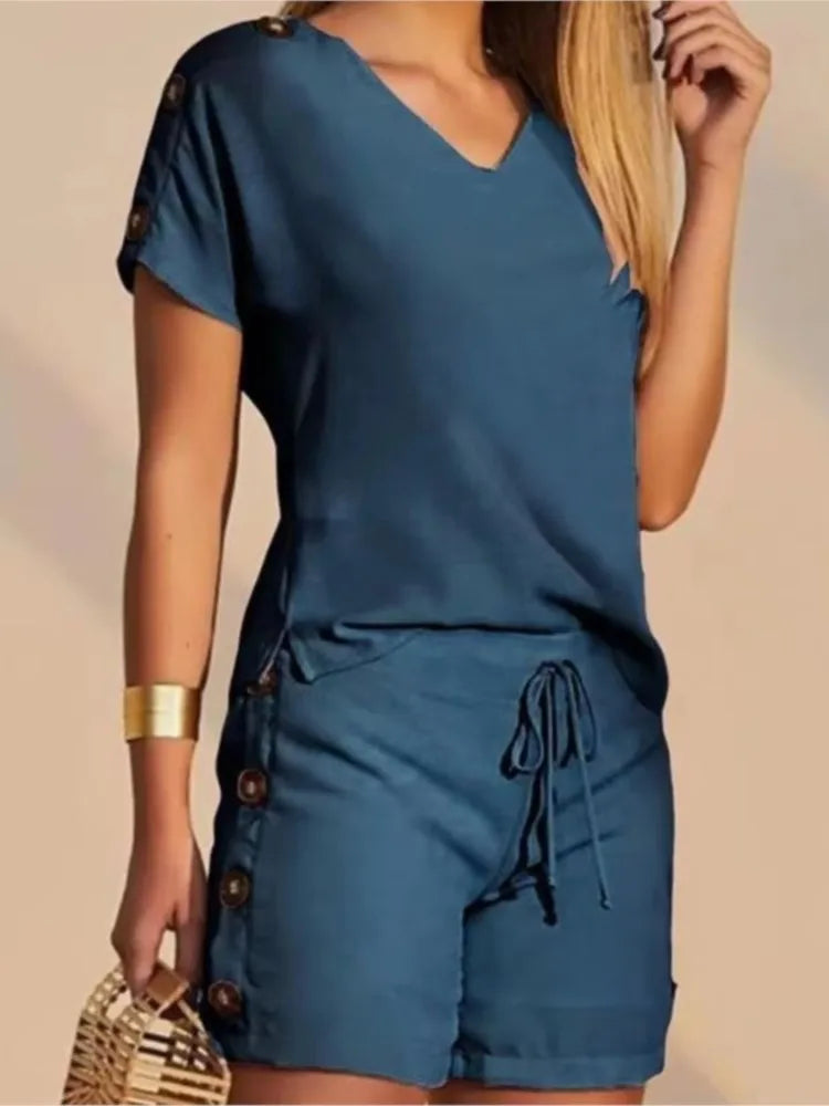Women's V-Neck Top & Drawstring Shorts Set – Casual Summer Two-Piece Outfit, Sizes S-3X Bazaare Mart Shorts Set