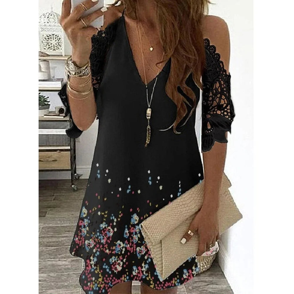 Lace Cold-Shoulder Dress 8063-Black Bazaare Mart Lacy Cold-Shoulder Dress
