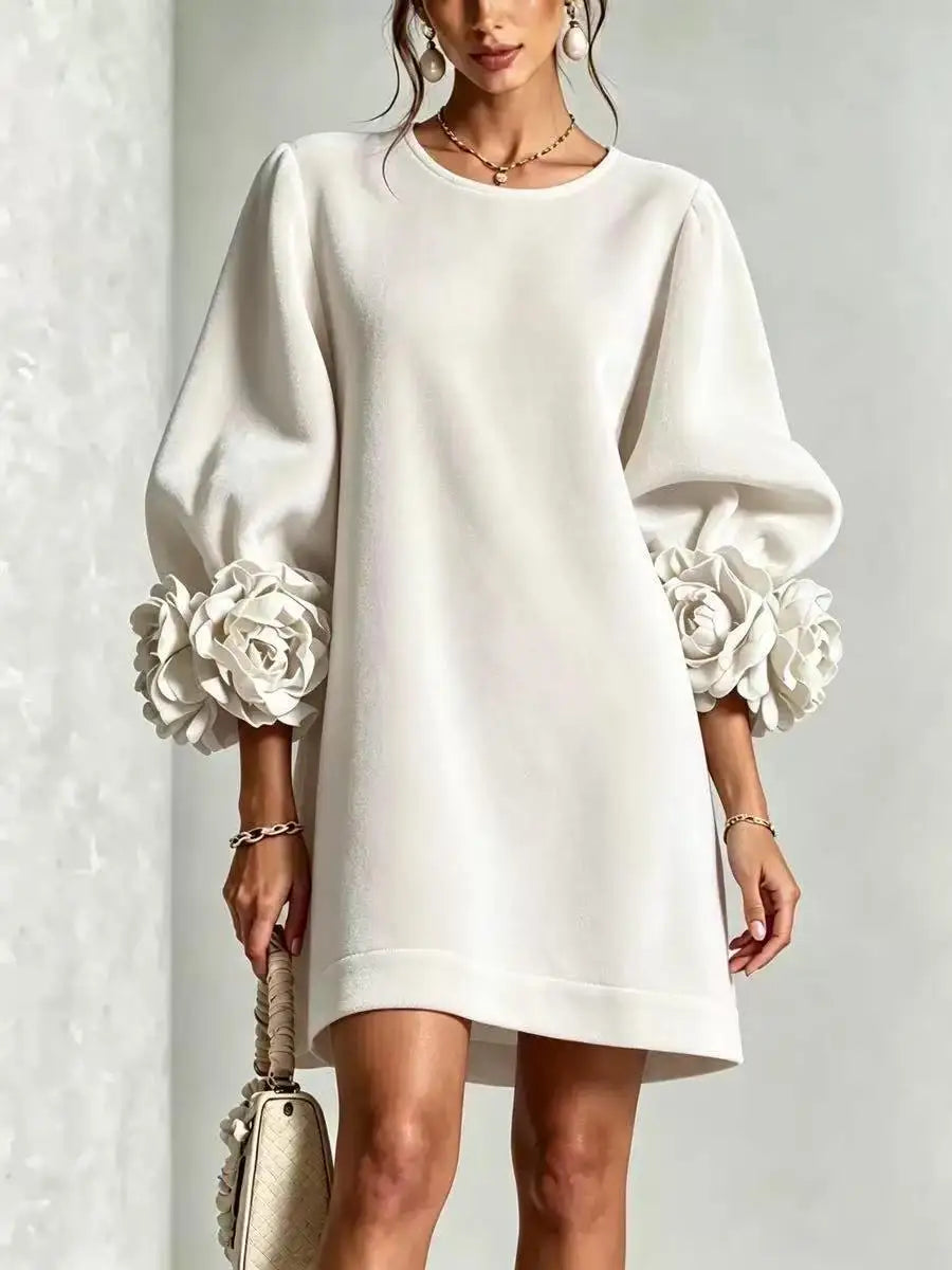 Velvet Mini Dress – Elegant Puff Sleeves with 3D Floral Cuffs