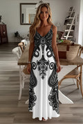 Bohemian Floral Maxi Dress – Elegant V-Neck Vacation Sundress for Women GRAY Bazaare Mart Sleeveless Maxi Dress