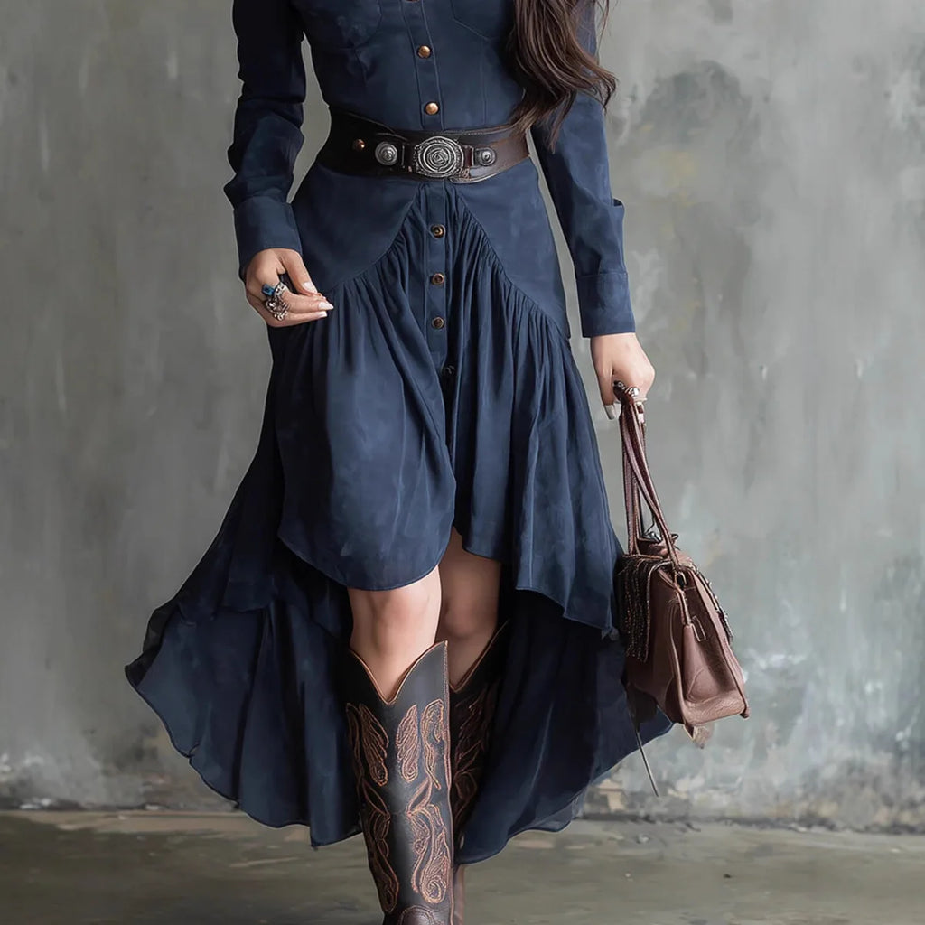 Western Style French Suede High Low Layered Dress with Belt