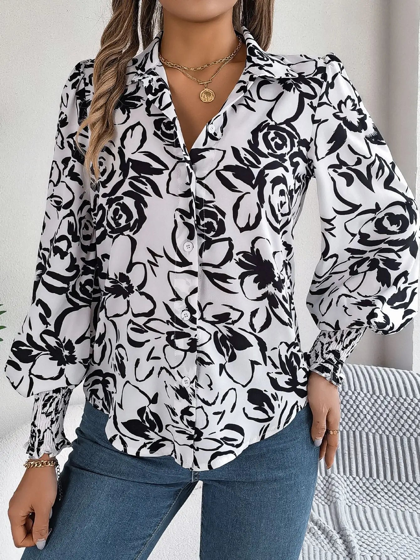 Floral Long Lantern Sleeve Flip Collar Blouse