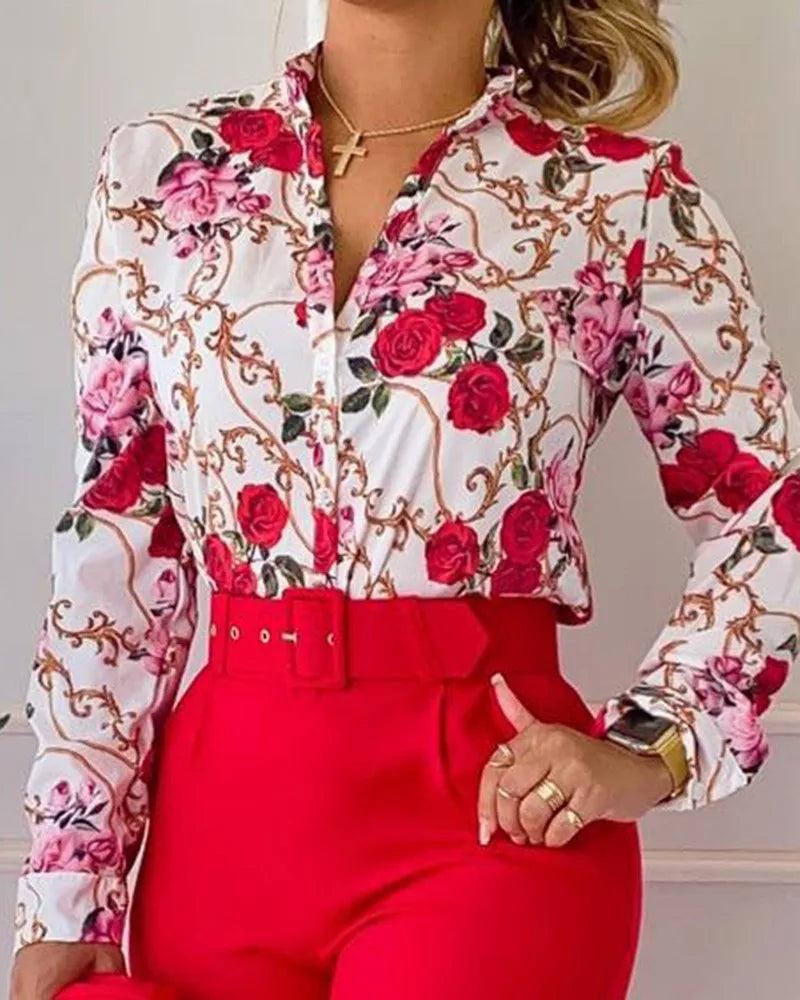 Print Long Sleeve Shirt Matching Pants Sets With Belt