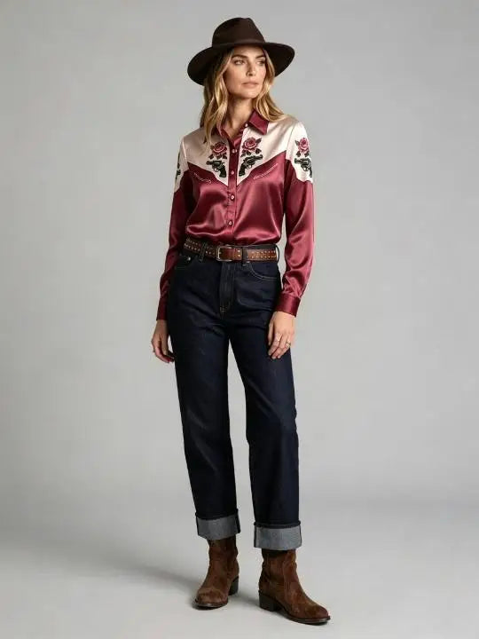 Cowboy Printed Lapel Collar Long Sleeve Button Up Western Shirt