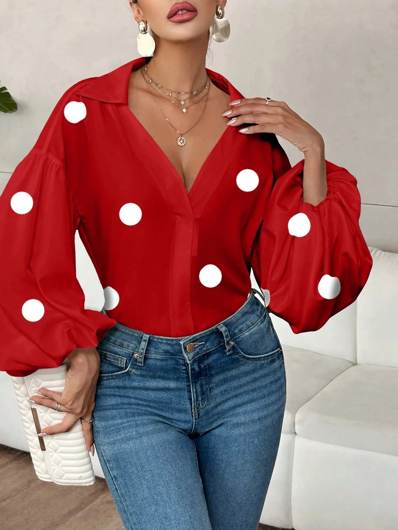 Boho Women's Blouses Spring Fall New Fashion French Polka Dot Half-neck Design Loose Puff Long-sleeve Top Casual Shirts Women Bazaare Mart