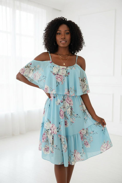 Bohemian Floral Cold Shoulder Dress – Sleeveless Chiffon A-Line Summer Dress Bazaare Mart Floral Cold-shoulder Dress