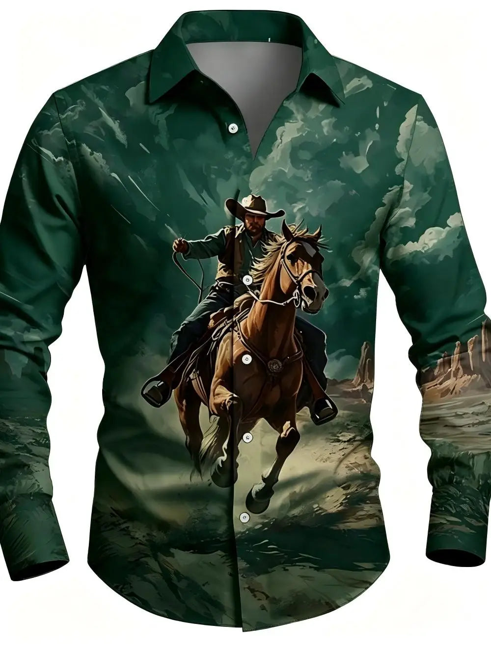 Men's Western Cowboy Riding Shirt – 3D Printed Long Sleeve Button-Up