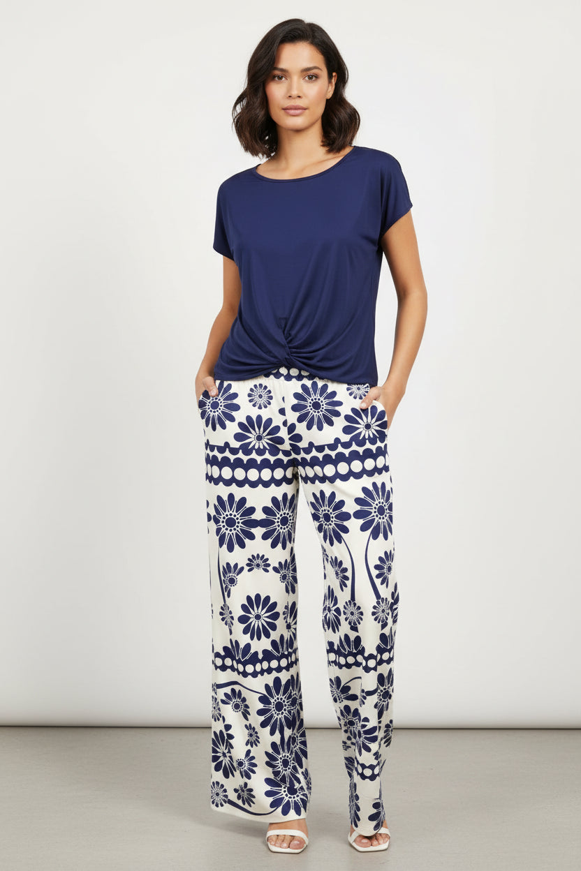 Plus Size Navy Side-Tie Top & Blue Floral Wide-Leg Pants 2-Piece Set – Casual Summer Outfit Bazaare Mart 2pc Pants Set