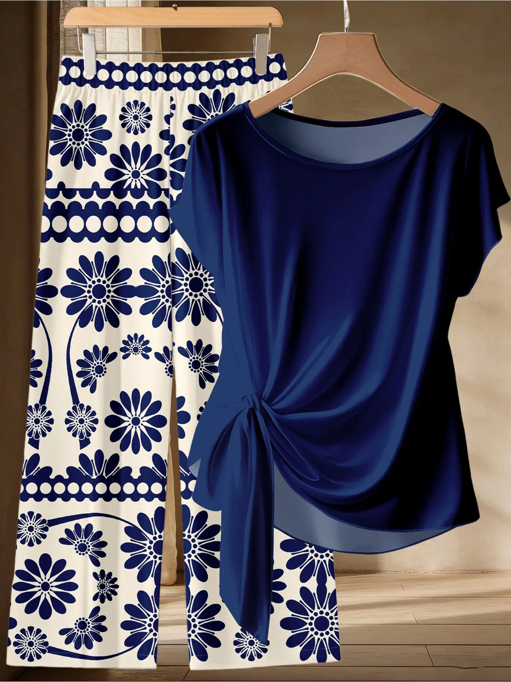 Plus Size Navy Side-Tie Top & Blue Floral Wide-Leg Pants 2-Piece Set – Casual Summer Outfit Navy Bazaare Mart 2pc Pants Set