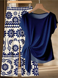 Plus Size Navy Side-Tie Top & Blue Floral Wide-Leg Pants 2-Piece Set – Casual Summer Outfit Navy Bazaare Mart 2pc Pants Set