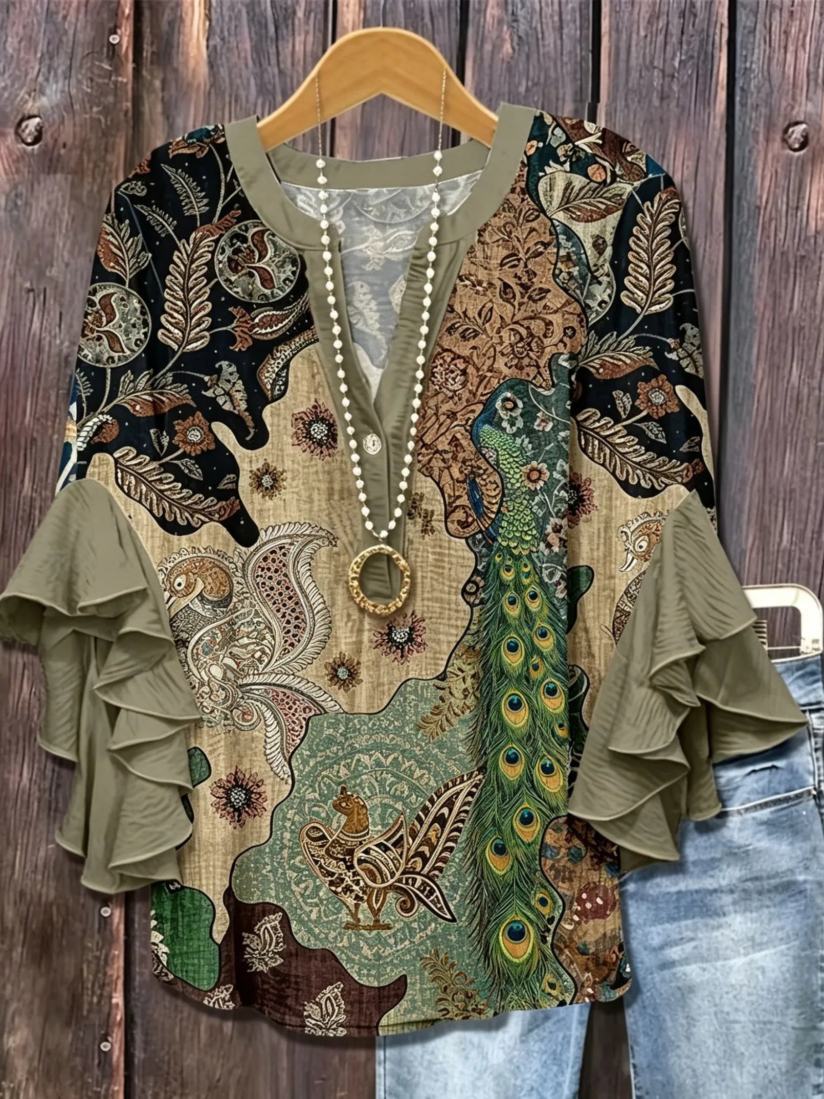 Women's Boho Patchwork Paisley Ruffle Sleeve Blouse | Elegant V-Neck Top HCHLF20261317L Bazaare Mart Ruffle Sleeve Blouse