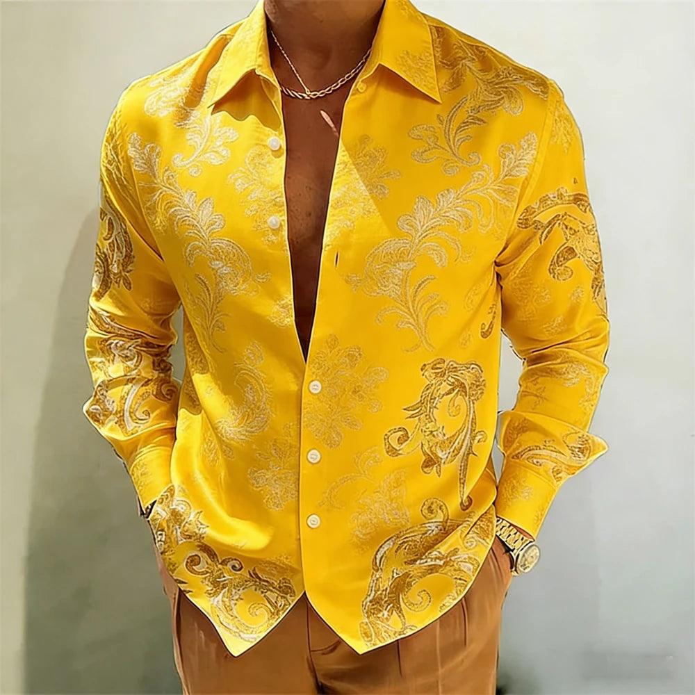 Yellow embroidered shirt with intricate patterns on a neutral background