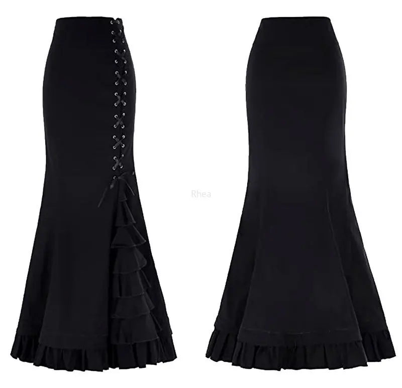 Vintage Steampunk Mermaid Maxi Skirt Bazaare Mart Gothic Vintage Victorian Steampunk Lace-Up Maxi Skirt