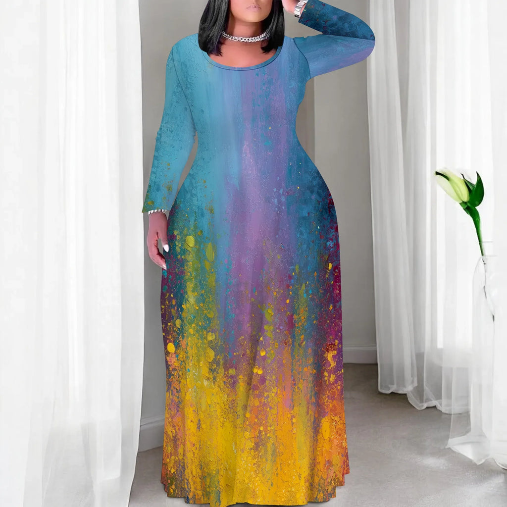 Tie Dye Print Scoop Neck Long Sleeve Maxi Dress Bazaare Mart Tie Dye Print Scoop Neck Long Sleeve Maxi Dress