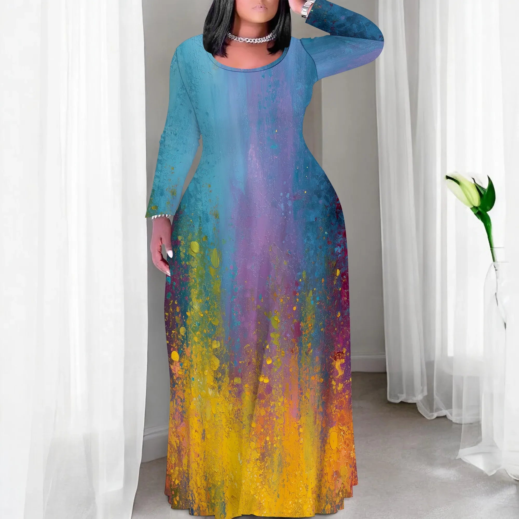 Tie Dye Print Scoop Neck Long Sleeve Maxi Dress Bazaare Mart Tie Dye Print Scoop Neck Long Sleeve Maxi Dress