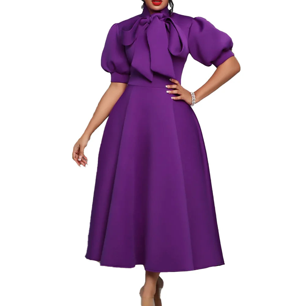 Elegant Solid Color Bow Short Puff Sleeve Full Skirt Midi Dress