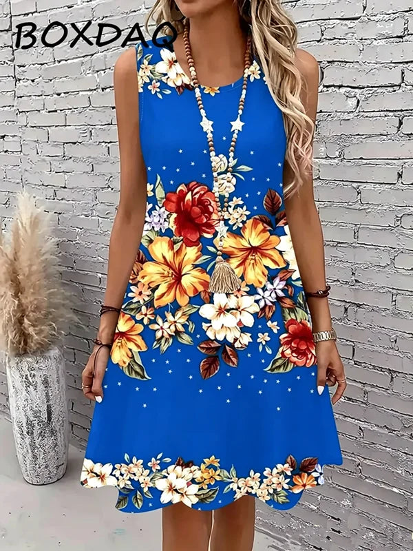 Large Size 3XL Women Tank dress Summer Loose Casual Sleeveless Floral Print Vest Dress Bazaare Mart