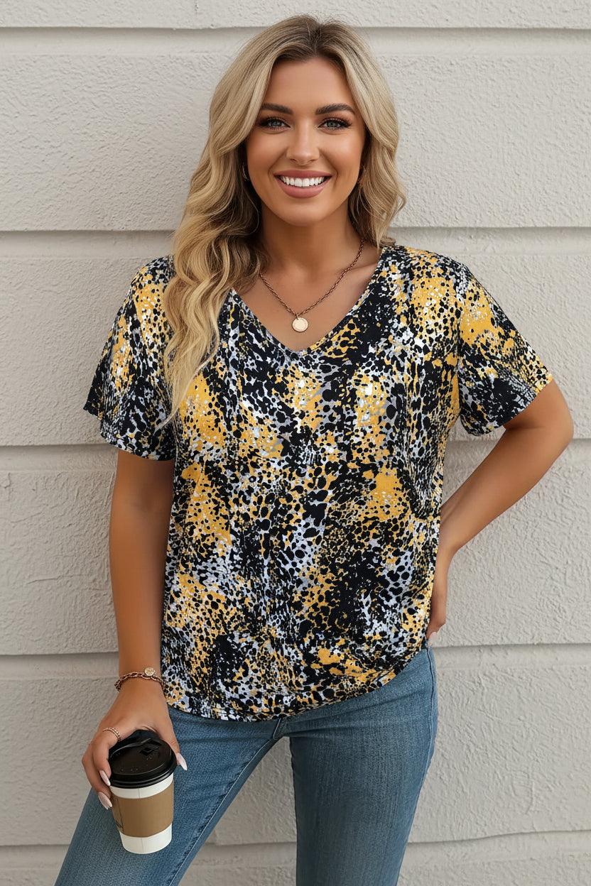 Women's Abstract Animal Print V-Neck T-Shirt | Casual Short Sleeve Summer Tee VAZXD20251711L Bazaare Mart Printed V-Neck Top