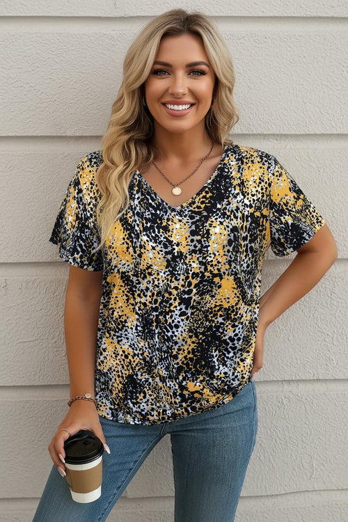 Women's Abstract Animal Print V-Neck T-Shirt | Casual Short Sleeve Summer Tee VAZXD20251711L Bazaare Mart Printed V-Neck Top