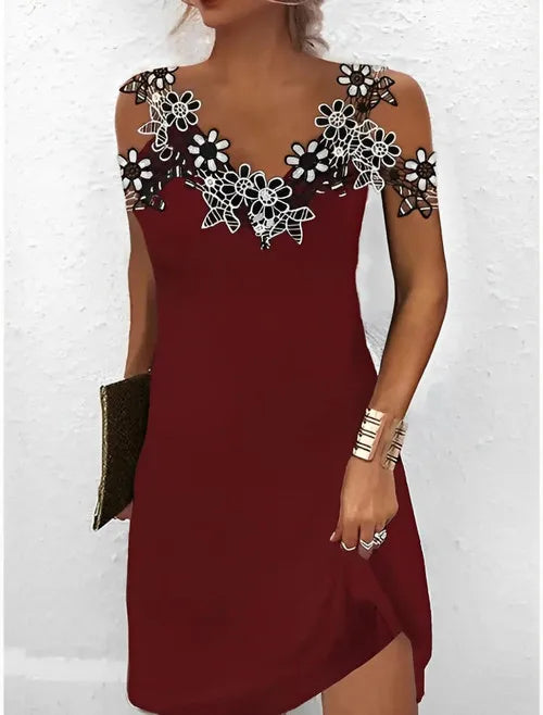 Women's Lace Cold Shoulder Summer Dress | Elegant V-Neck A-Line Sleeveless Dress Bazaare Mart Summer Dress