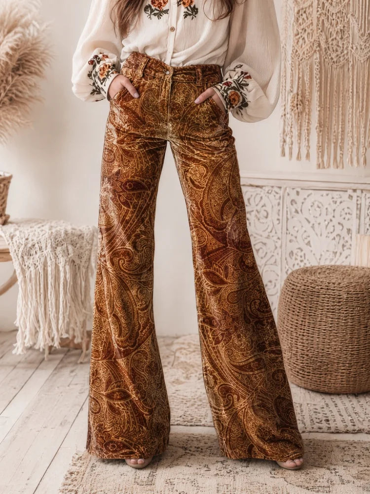 Vintage Velvet Paisley High-Waist Bell Bottom Slacks