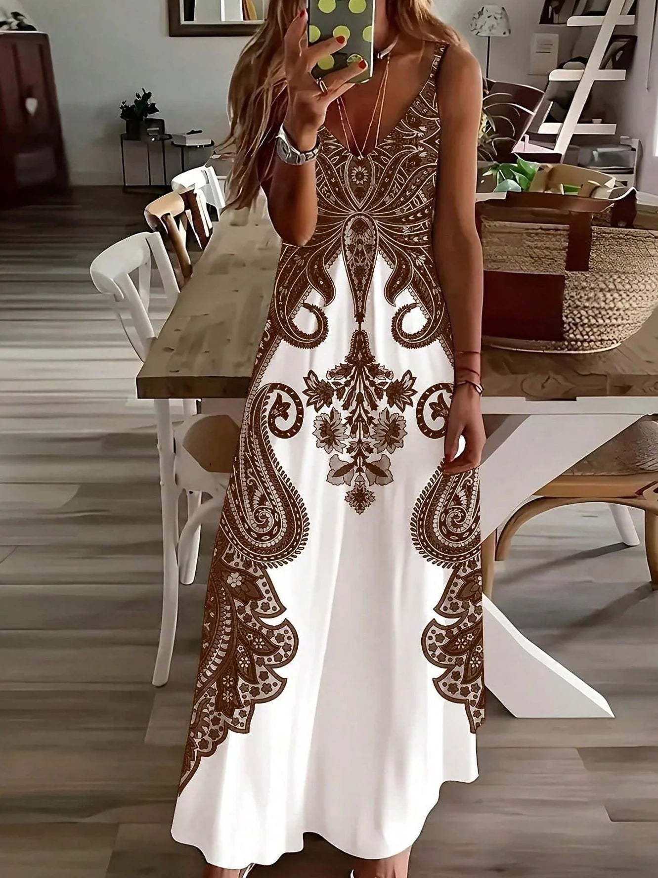 Bohemian Floral Maxi Dress – Elegant V-Neck Vacation Sundress for Women Brown Bazaare Mart Sleeveless Maxi Dress