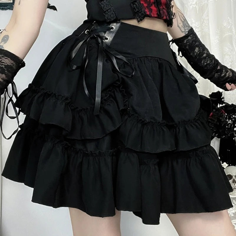 Japanese Gothic Y2k Lolita Style Skirt Women Harajuku Dark Streetwear Lace Mini Cake Skirt Female Fashion Slim Outfitn 3012-25082 Bazaare Mart