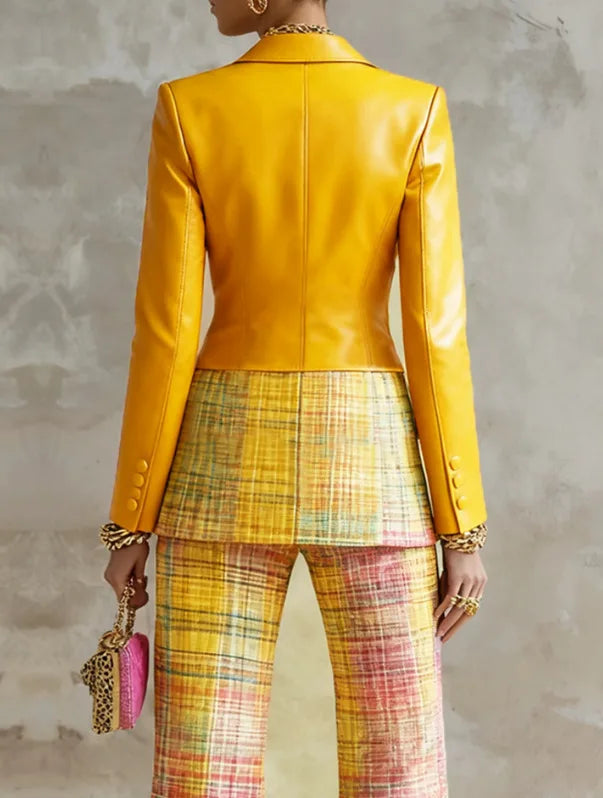 PU Leather Blazer & Plaid Flare Pants Set
