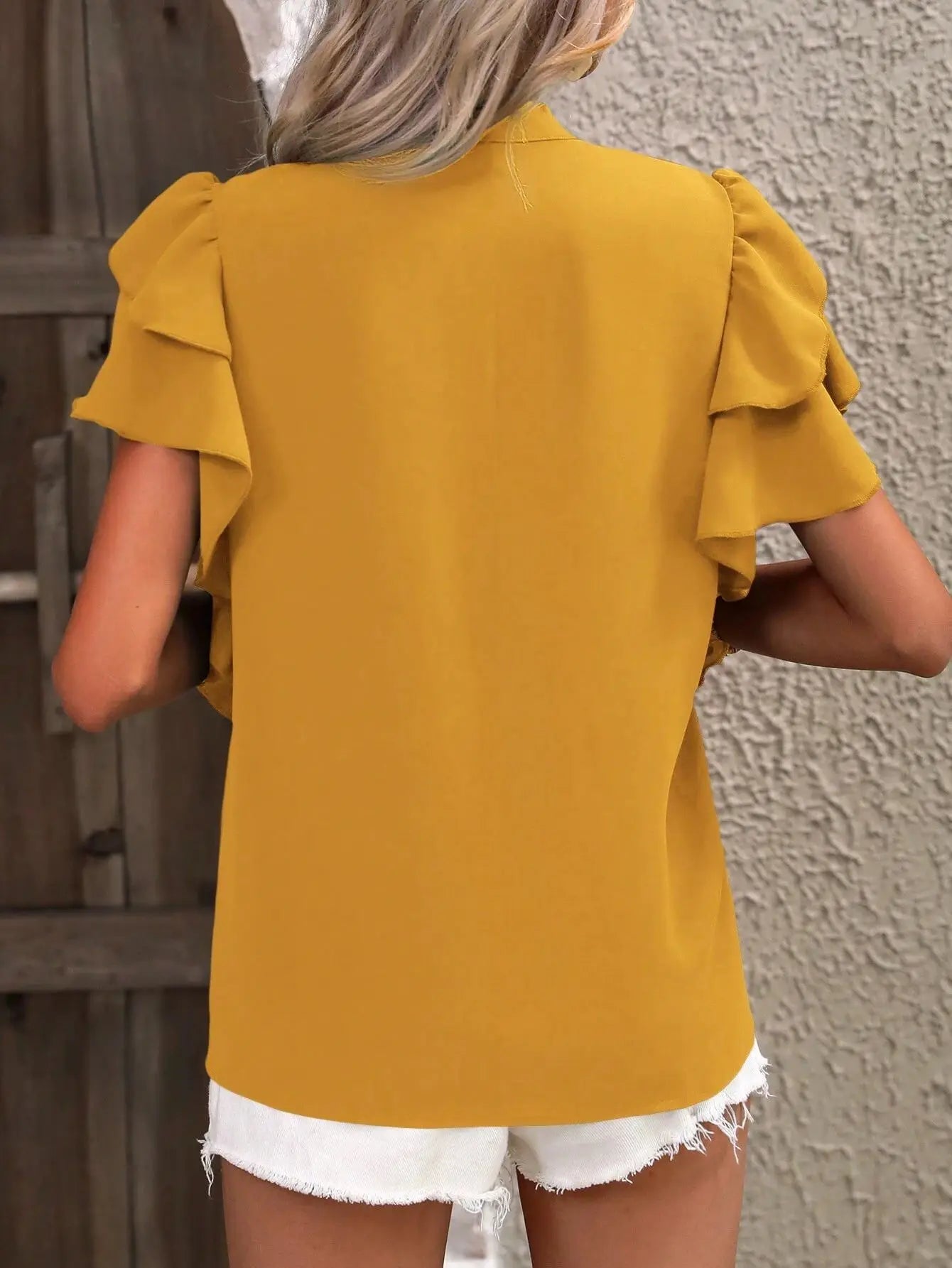 V-neck Ruffle Sleeve Solid Color Blouse