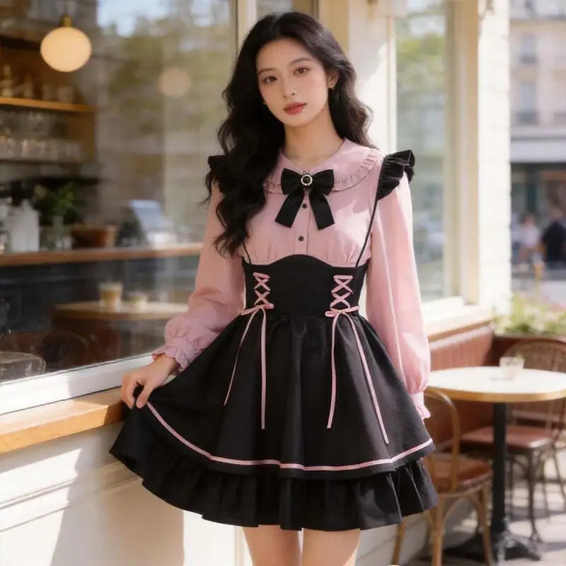 Jirai Kei 2 PCS Lolita Dress Set Pink Black Bow Ruffle Blouse Lace-up Skirt Japanese Japanese Harajuku Sweet Outfits for Women Bazaare Mart
