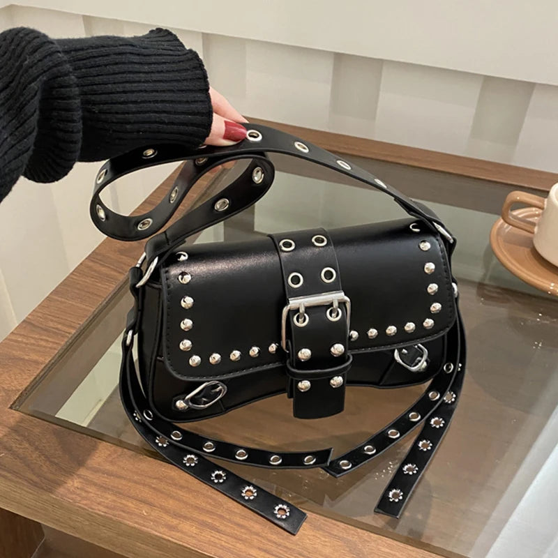 Studded Baguette Shoulder Bag – Faux Leather Punk Rock Shoulder Purse with Buckle & Rivet Details Bazaare Mart Shoulder Purse