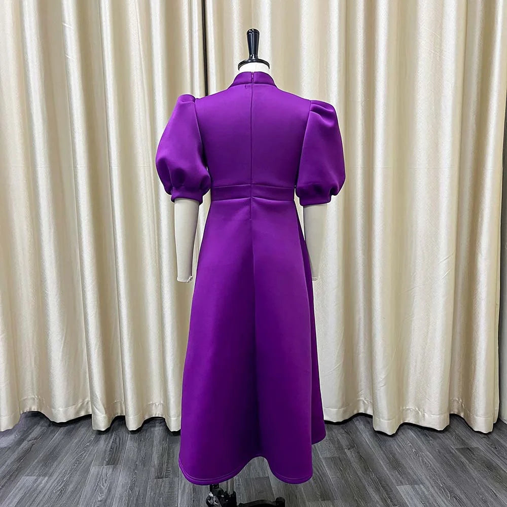 Elegant Solid Color Bow Short Puff Sleeve Full Skirt Midi Dress