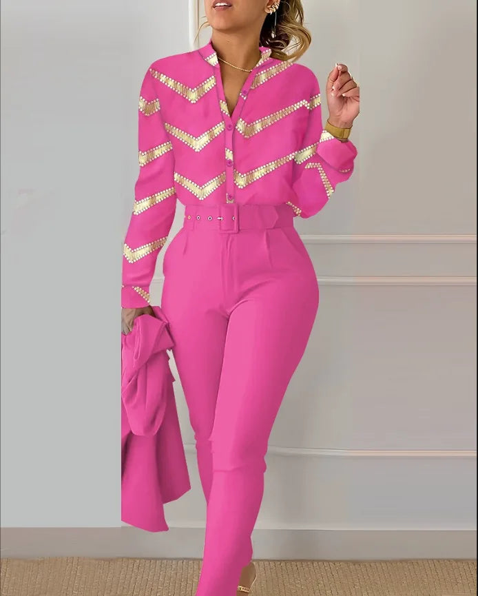 Print Long Sleeve Shirt Matching Pants Sets With Belt