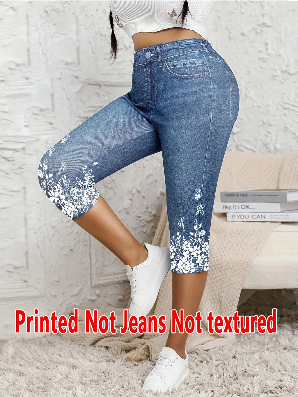 Women's Faux Denim Print Capri Leggings – High Waist Stretch Cropped Leggings with Floral Detail Bazaare Mart Capris Faux Denim Leggings