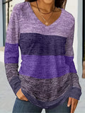 V-Neck Striped Color Block Long Sleeve Top Purple Bazaare Mart Long Sleeve Blouse