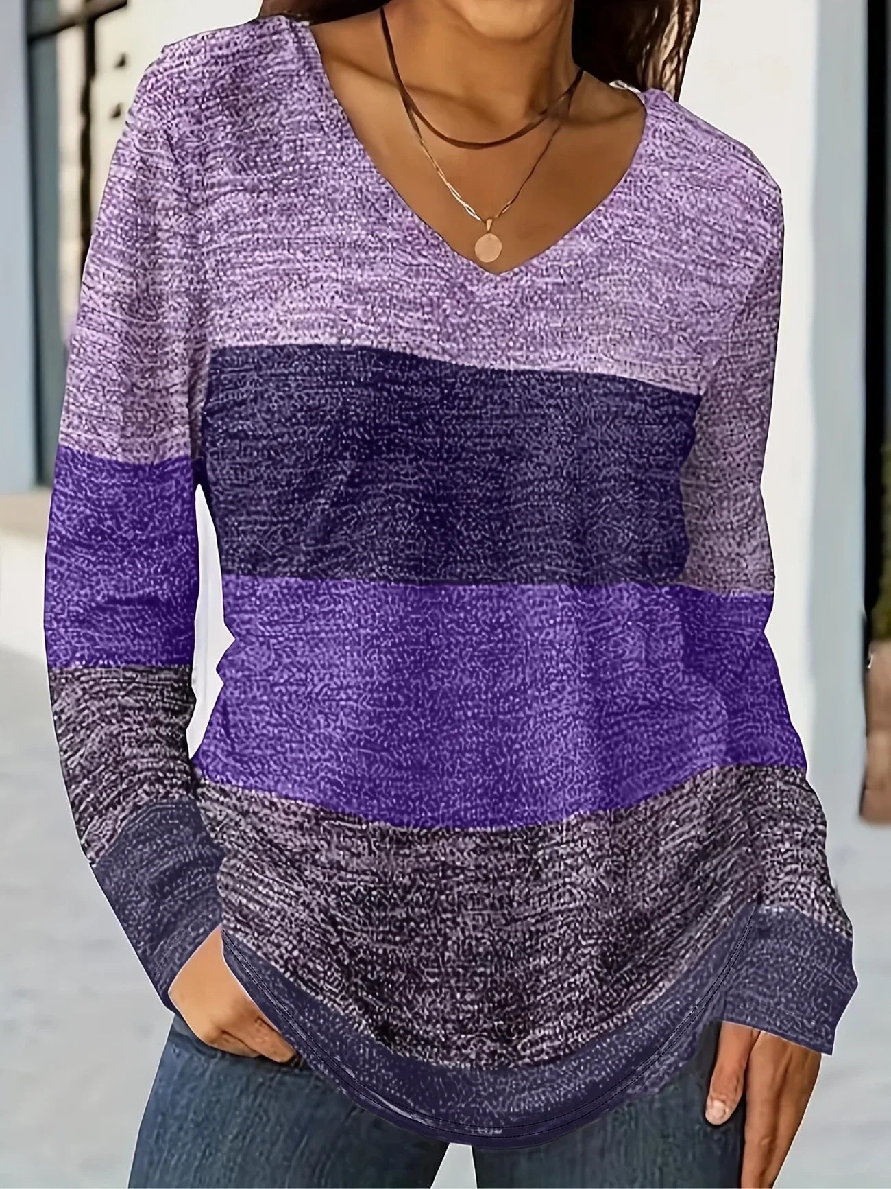 V-Neck Striped Color Block Long Sleeve Top