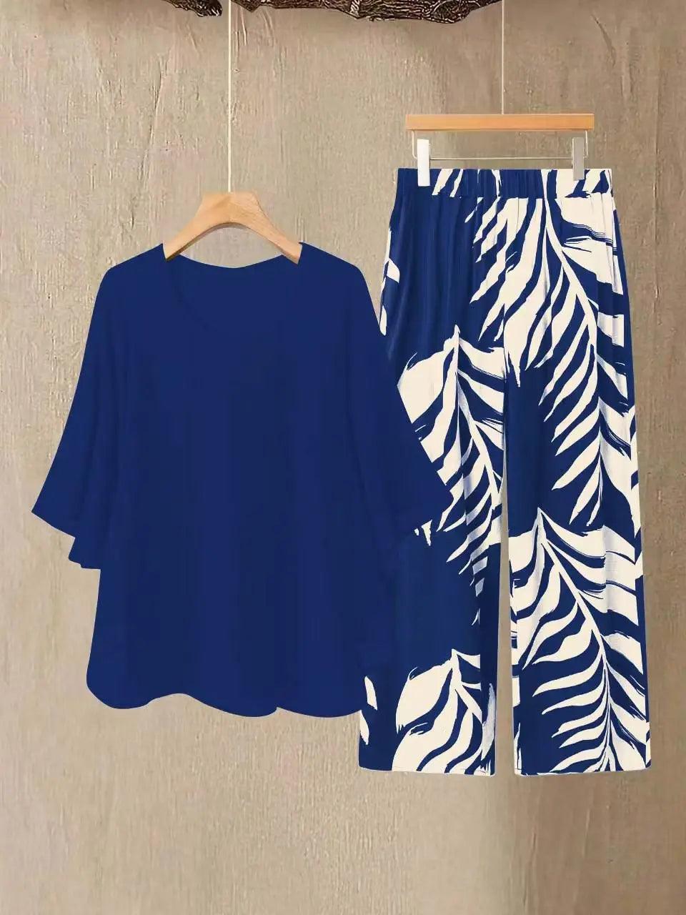Women's Chiffon Overlay Top & Tropical Leaf Print Wide Leg Pants 2 Piece Set | Elegant Summer Resort Outfit Blue Bazaare Mart 2 pc. Pants Outfit