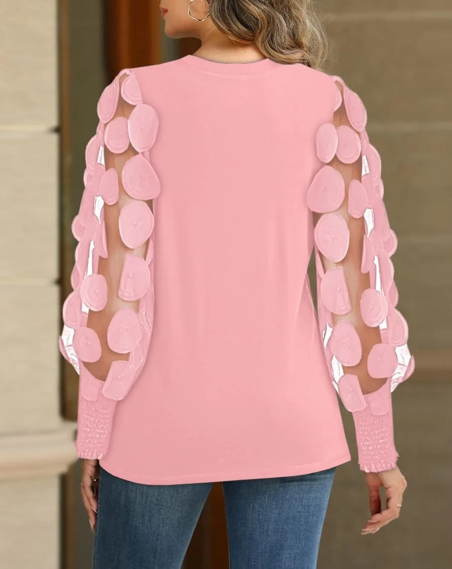 Women's Pleated Blouse with 3D Floral Mesh Sleeve