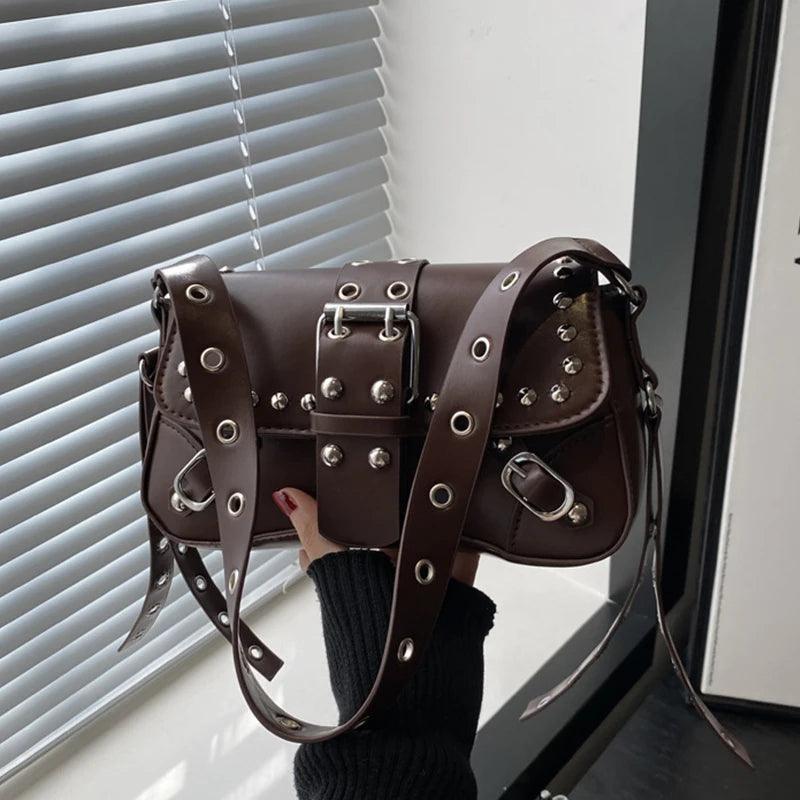 Studded Baguette Shoulder Bag – Faux Leather Punk Rock Shoulder Purse with Buckle & Rivet Details coffee China Mainland Bazaare Mart Shoulder Purse