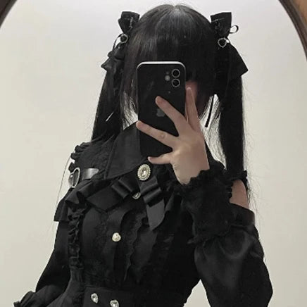 Jirai kei Shirt JK Skirt Japanese Style Lolita Y2K Sweet School Uniform Blouse Top Dress Darkness Outfit Women Girls Theme Party Black Shirt Only Bazaare Mart