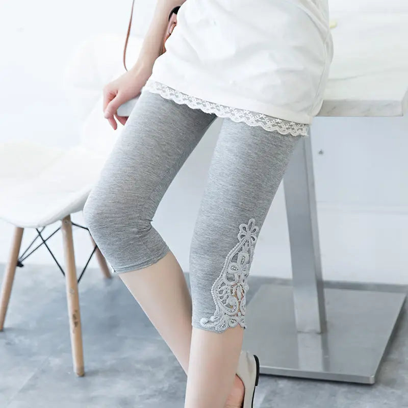 Women's Lace Trim Capri Leggings – High Waist Stretch 3/4 Length Cropped Leggings Gray Bazaare Mart Capris Leggings