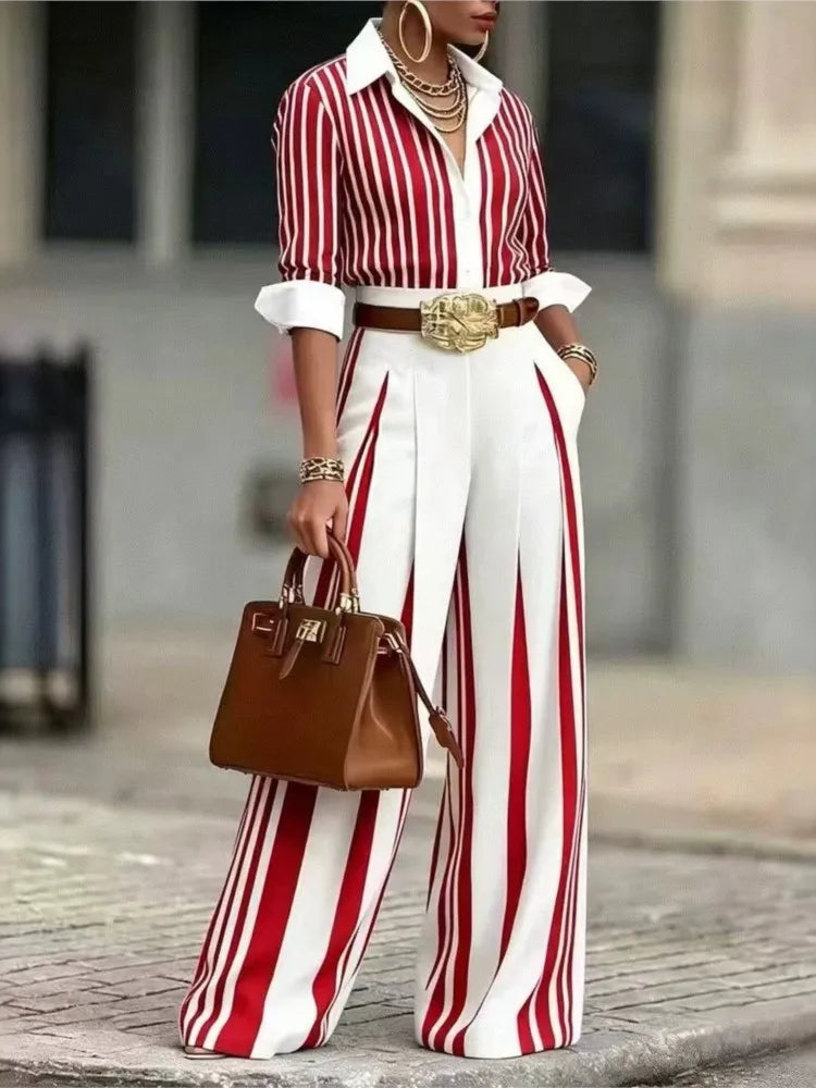 Striped Two-Piece Set – Button-Up Shirt & Wide-Leg Pants