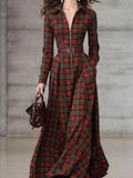 Plaid Print Collared Zip-Front Maxi Dress