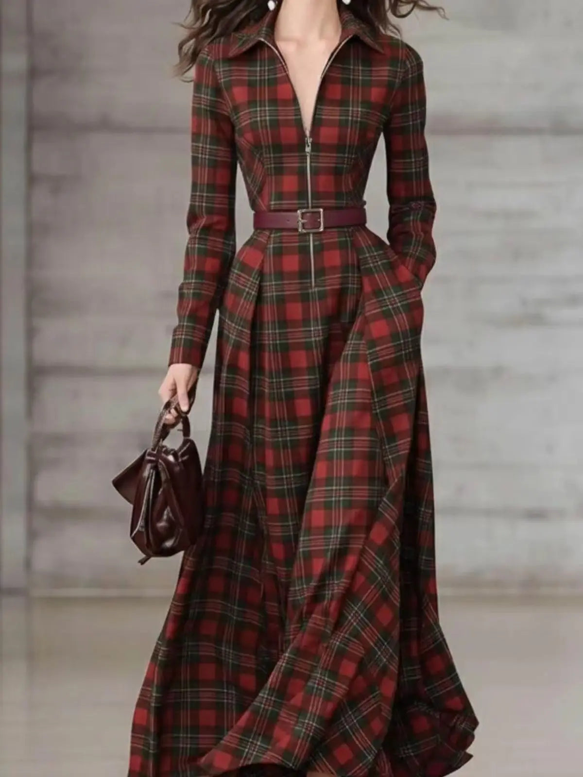 Plaid Print Collared Zip-Front Maxi Dress