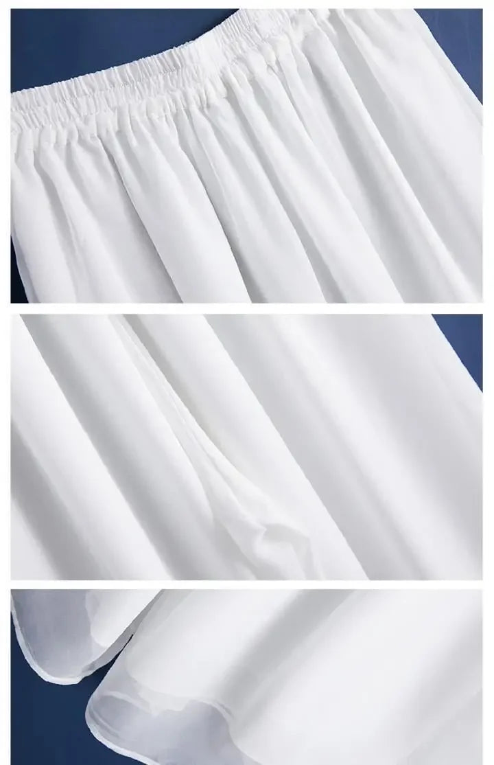 New Summer White Drape Chiffon Wide-Leg Pants Casual Chiffon Trousers Pants Women Clothing Loose High Waist Slim Skirt bd67 Bazaare Mart